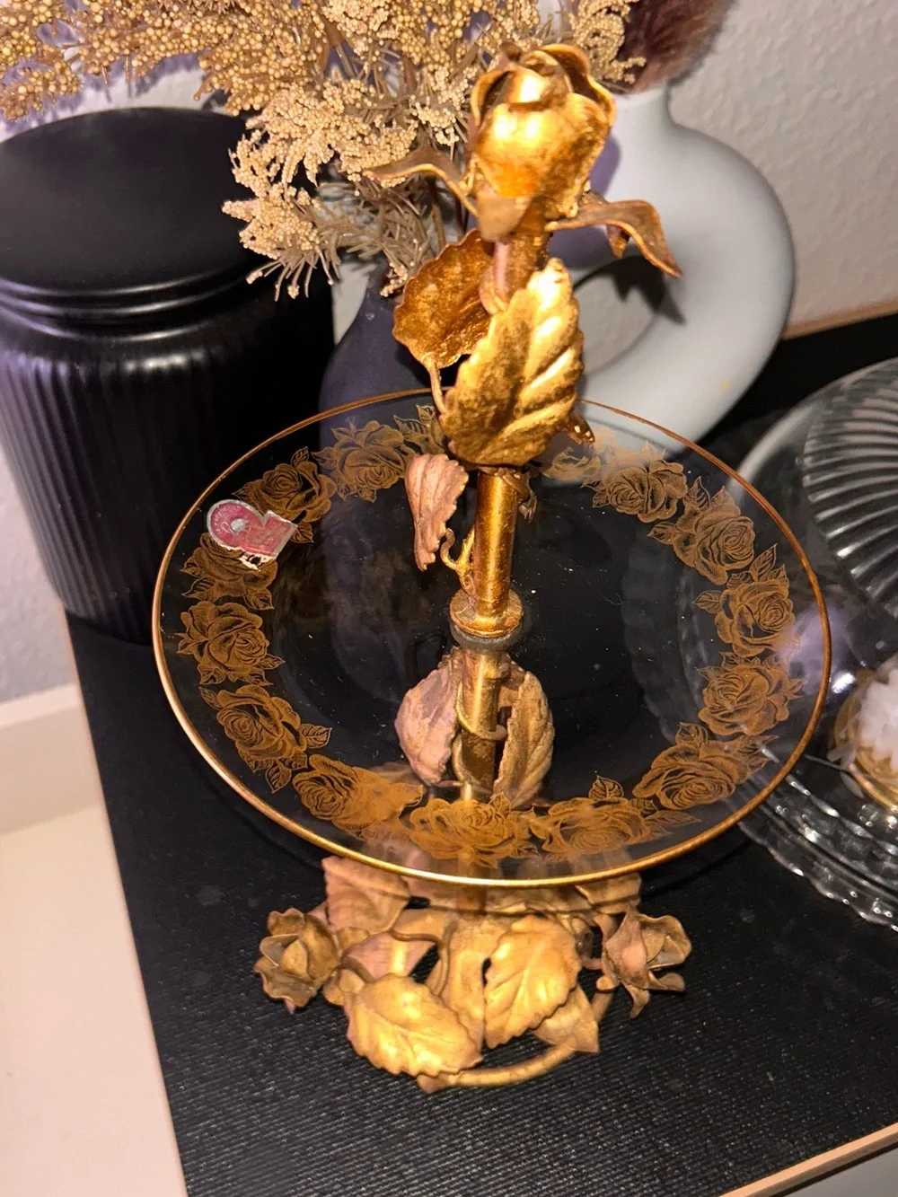 Vintage Italian Gold Guild Rose Pedestal Trinket Dish
